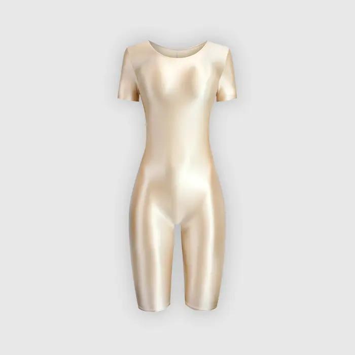 Maillot de bain une pièce en satin brillant pour femme, body sportif, collants huileux, lisse, manch