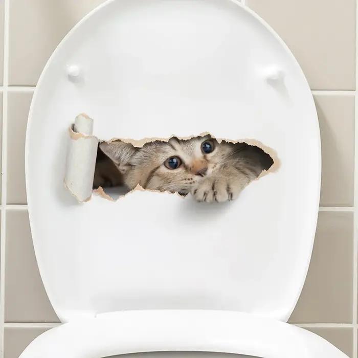 Autocollant de toilette chaton déchiré, effet 3D, pour siège de toilette de salle de bains, autocoll