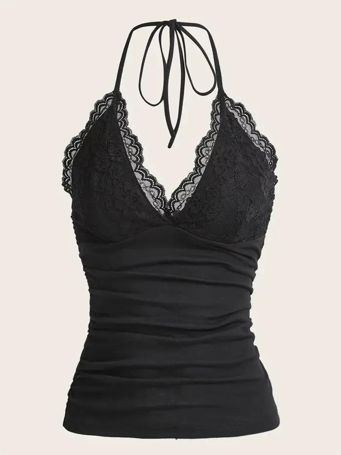 Goth Grunge Punk noir dentelle Patchwork haut à licou femmes été solide froncé dos nu sans manches d