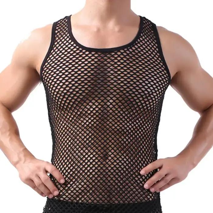 Débardeur pour homme, sous-vêtement, chemise en maille de nylon transparente à manches longues, t-sh
