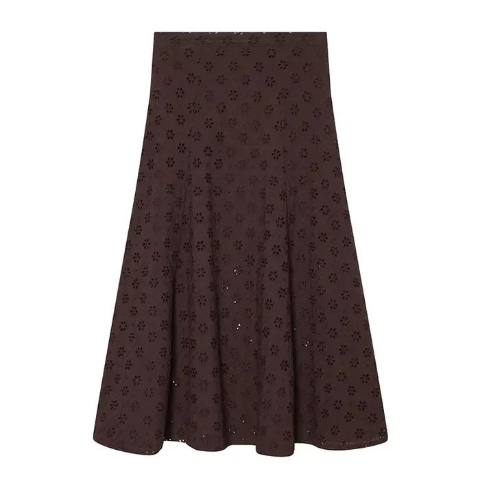 YENKYE Nouvelle jupe midi marron brodée ajourée pour femme 2026, décontractée, taille haute, coupe t