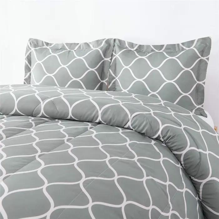 Parure de lit double en polyester gris, géométrique, couette, 2 pièces