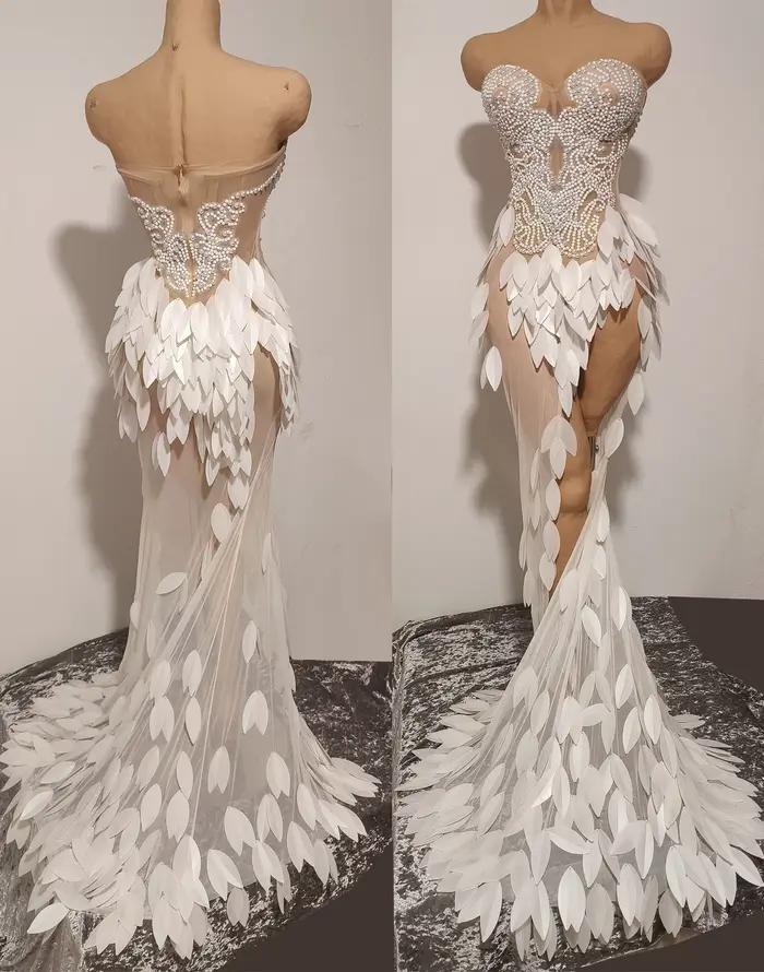 Robe Maxi transparente en maille sans bretelles, élégante, perles brillantes, pour femmes, fête d'an