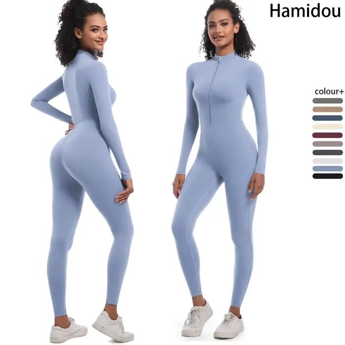 Combinaison sport femme sans coutures - Tenue fitness manches longues pour yoga et entraînement