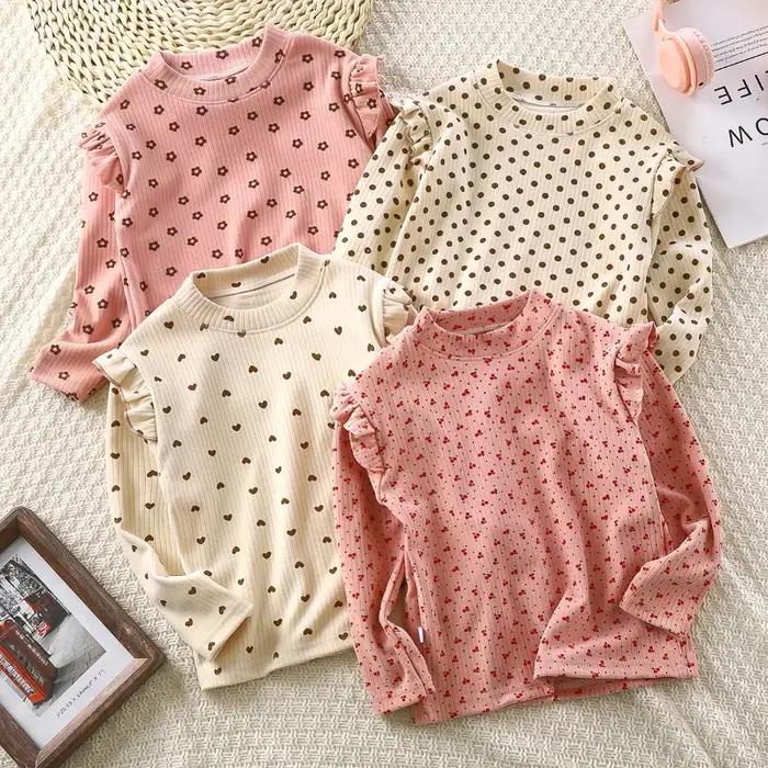 Maillot de corps à manches longues pour enfants, joli t-shirt à pois floraux, chemise en Y douce pou