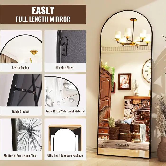 Miroir de sol en arc de 65 po x 24 po, miroir mural pleine longueur avec support – Cadre en alliage