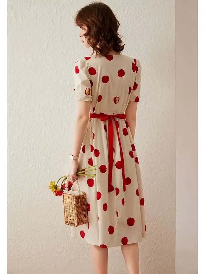 Modiis Yao-Robe longue trapèze pour femme, tenue élégante, imprimée pomme, col rond, manches courtes