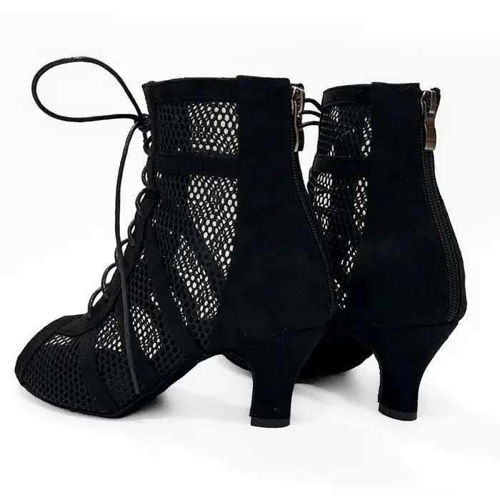 Bottines de danse salsa femmes cuir suédé noir - Fermeture éclair avec talons 8.5cm 7.5cm 6cm QT-006
