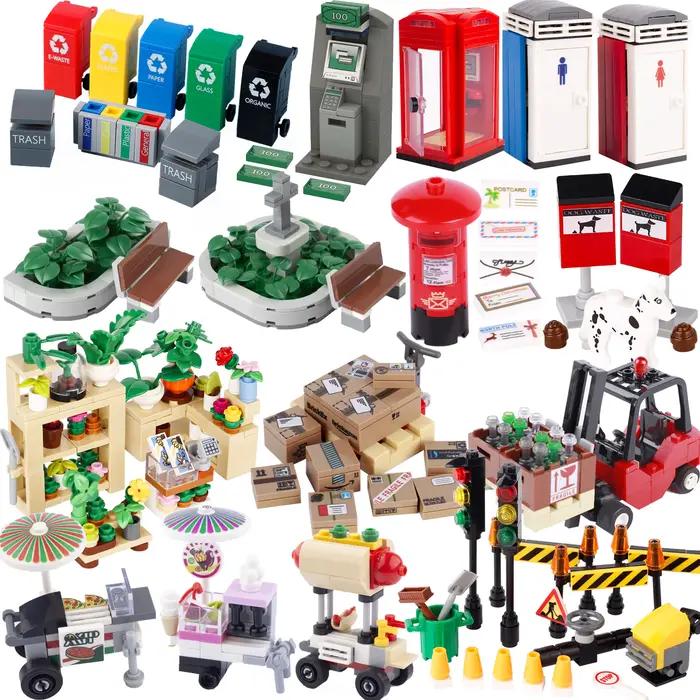 MOC – blocs de construction de stand de nourriture, boîte d'appel, toilettes, vue sur la rue, Pizza,