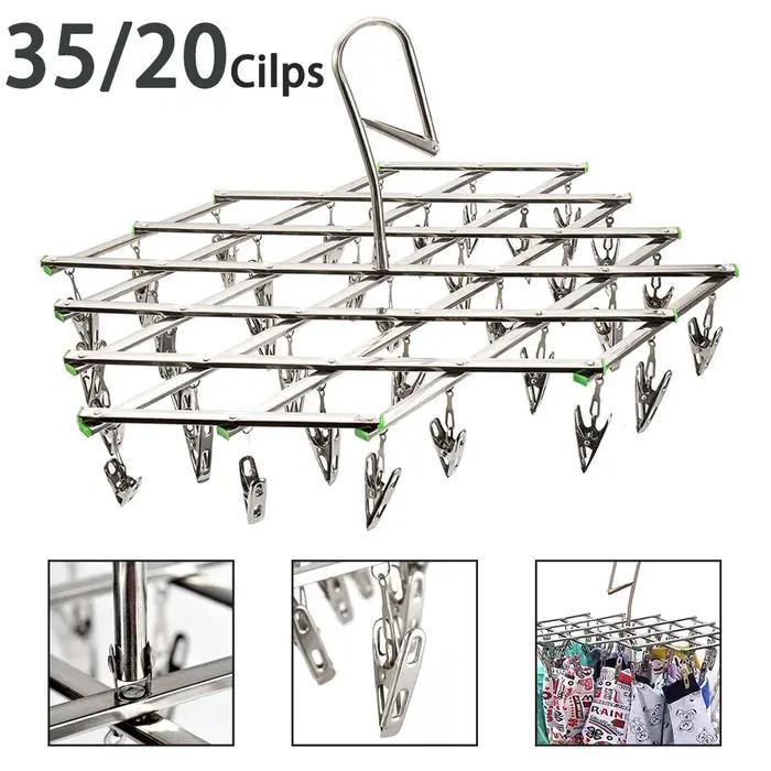 Support de séchage pliant avec 35/20 Clips, en acier inoxydable, coupe-vent, pour sous-vêtements, ch