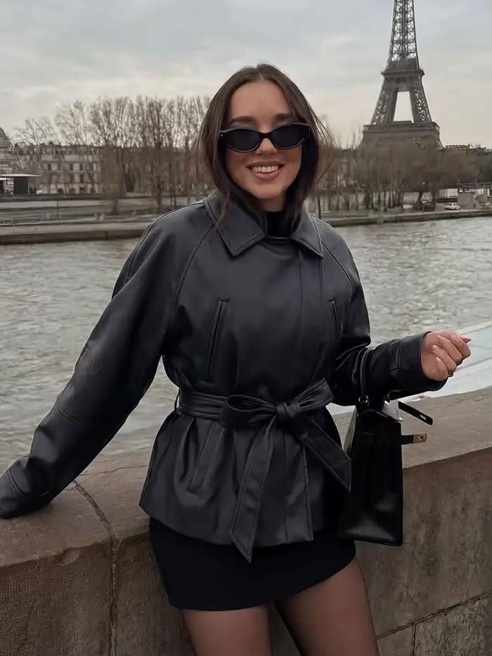 HH Spring Manteau court vintage pour femme en similicuir PU avec ceinture, à manches longues et col