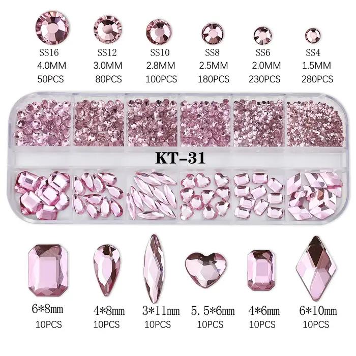 Strass 3D rose pour Nail Art, 12 grilles, pierres précieuses en verre à dos plat, décorations pour N