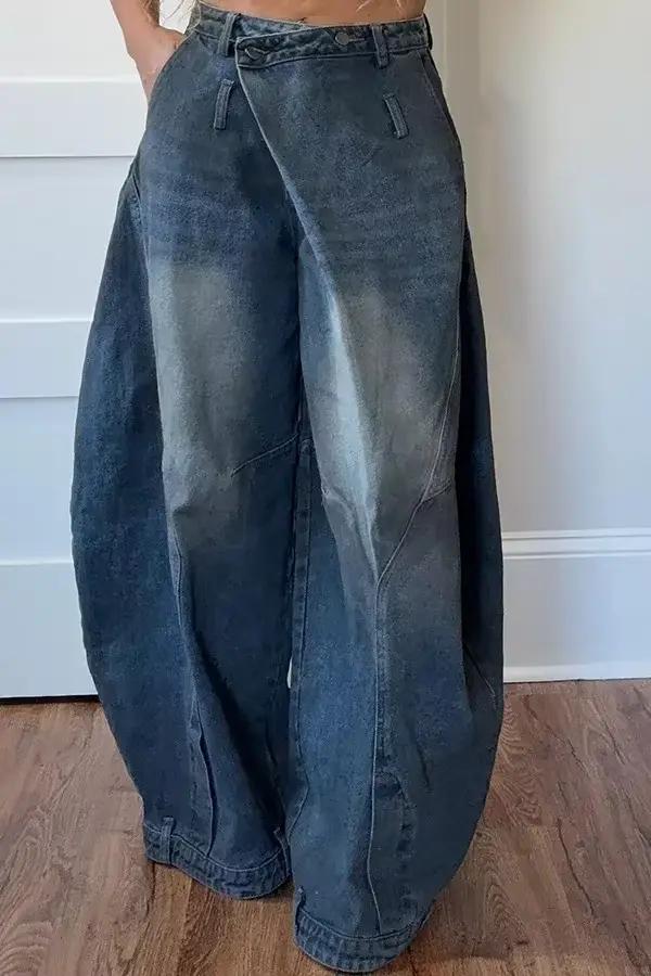 Jean ample vintage en denim pour femme, taille mi-haute, délavé et déchiré, longueur ras du sol, sty