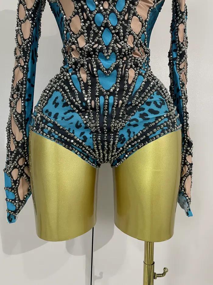 Body extensible à manches longues avec strass scintillants pour femmes, Costume de soirée de luxe po