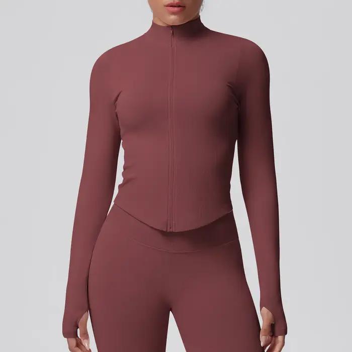 Vêtements de yoga pour femmes, col haut, manches longues, séchage rapide, fermeture éclair, col mont