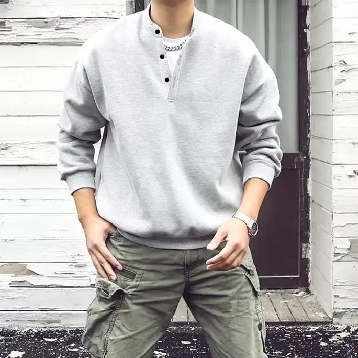 Sweat-shirt à col ras du cou pour hommes, coupe ample, couleur unie, col Henry, mode printemps rétro