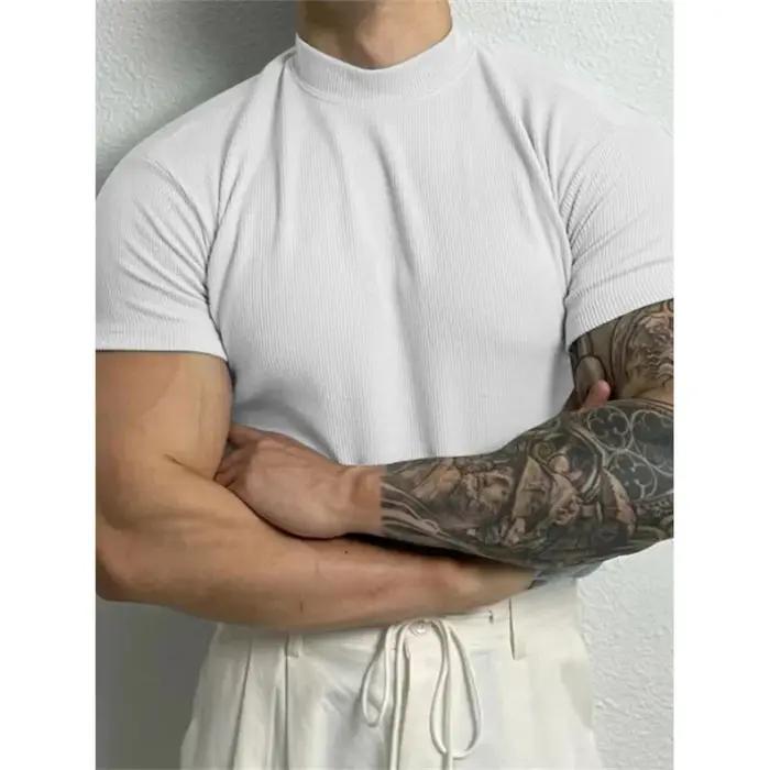 T-shirt sport homme rayé printemps été col haut élastique fitness activités de loisirs polyvalent durable