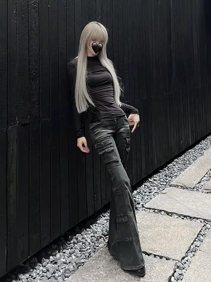 REDDACHiC Acubi mode noir Flare jean rétro moustaches maigre Stretch taille basse poches Cargo panta
