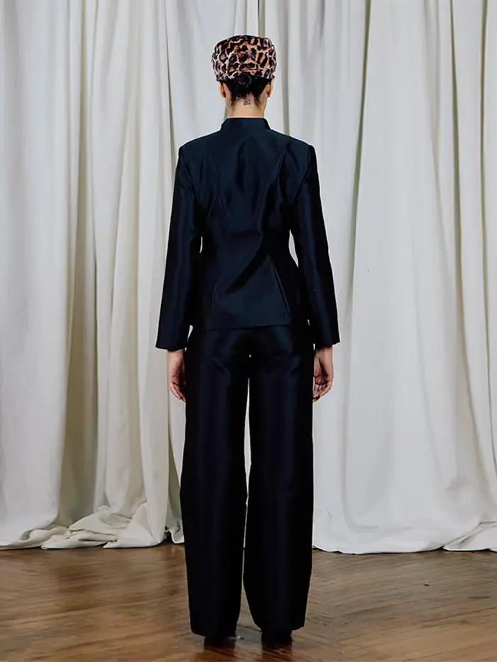 Veste élégante en satin à boutons grenouillère pour femme, col montant chinois, coupe ajustée, colle