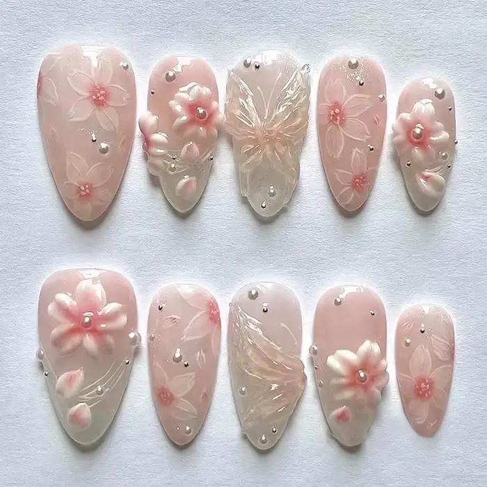 24 faux ongles à presser de longueur moyenne, forme amande, motif floral 3D ondulé, couverture compl