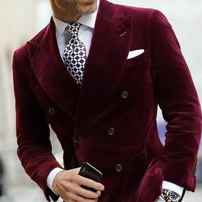 Blazer en velours bordeaux pour hommes, veste de dîner à Double boutonnage, manteau de costume éléga