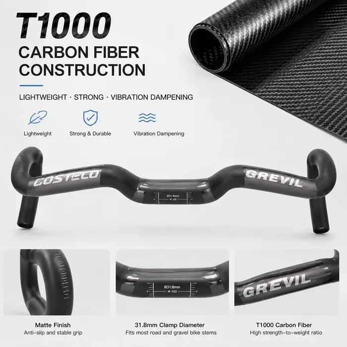 Guidon de vélo de gravier en carbone GREVIL T1000 pour vélo de route cyclocross descente chemins escarpés