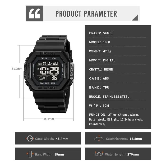 SKMEI 1988 montre de sport numérique pour hommes LED affichage militaire compte à rebours montres ét