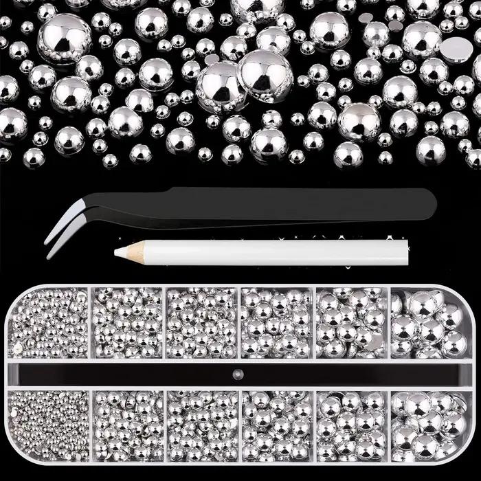 Perle de Caviar en métal demi-rond en argent brillant, 12 grilles, Rivets pour ongles, breloques 2/3