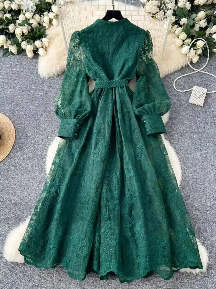 Robes formelles brodées de luxe pour femmes, lanterne d'été et d'automne, manches longues, dentelle,