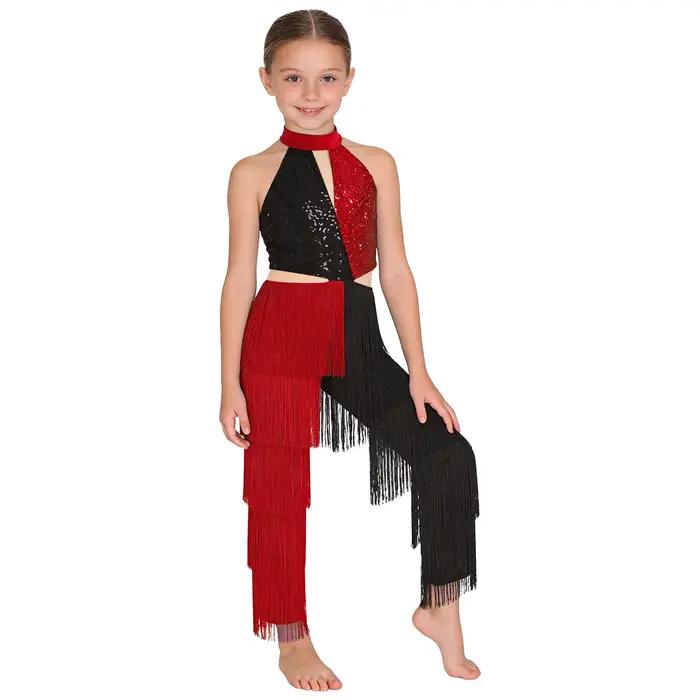 Combinaison de danse latine à paillettes pour filles, col licou, Costume Disco, body sans manches, b