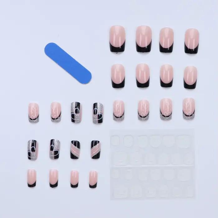 CuemployPusher-Faux ongles à paillettes argentées carrées noires, poignées amovibles et réutilisable