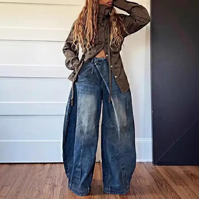 Jean ample vintage en denim pour femme, taille mi-haute, délavé et déchiré, longueur ras du sol, sty