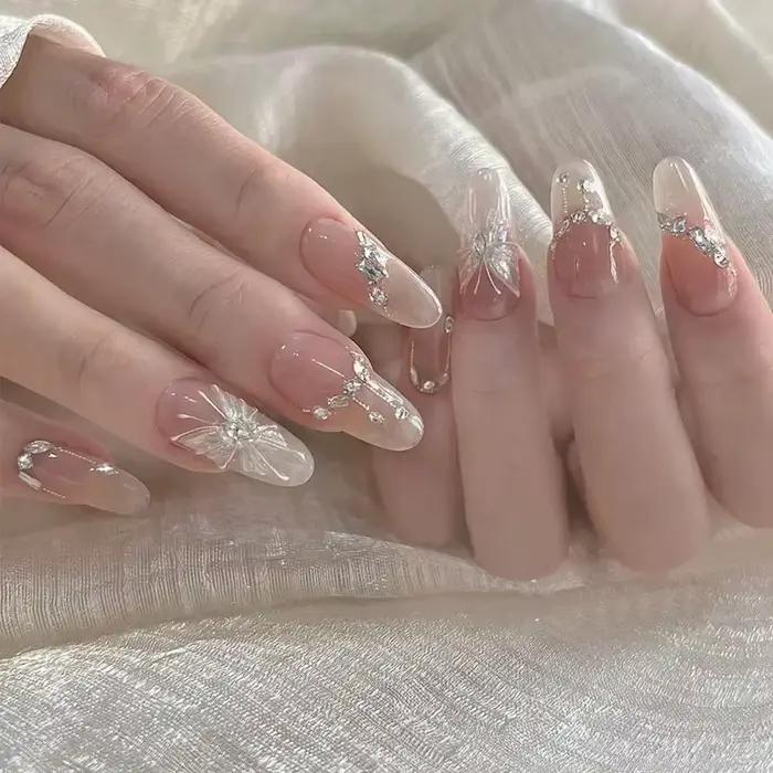 24 pièces amande Pure fait à la main presse sur les ongles couverture complète papillon français per