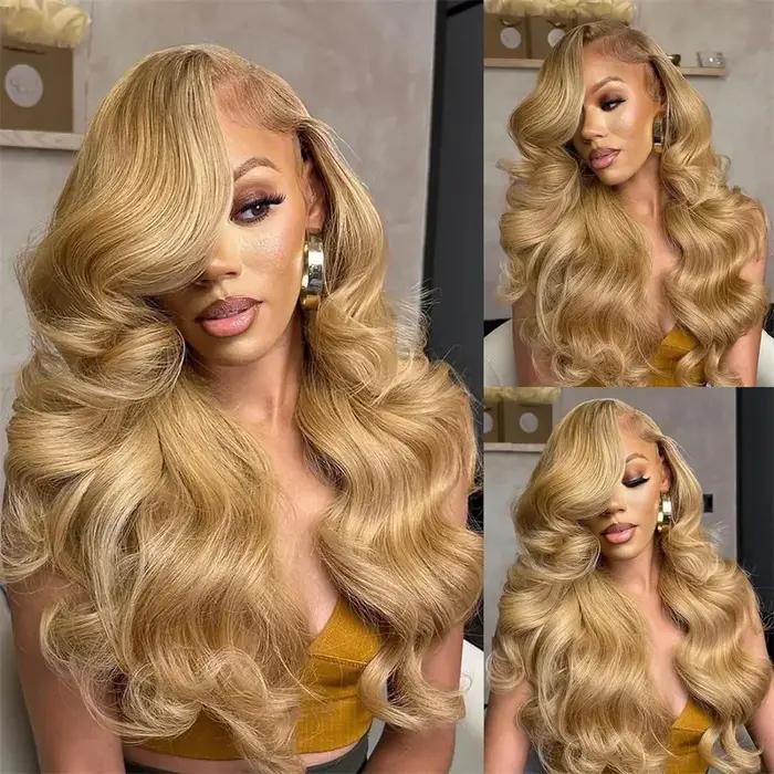 Perruque Lace Front Wig Body Wave Naturelle, Cheveux Humains, Couleur Blond Miel #27, 13x4, HD, pour