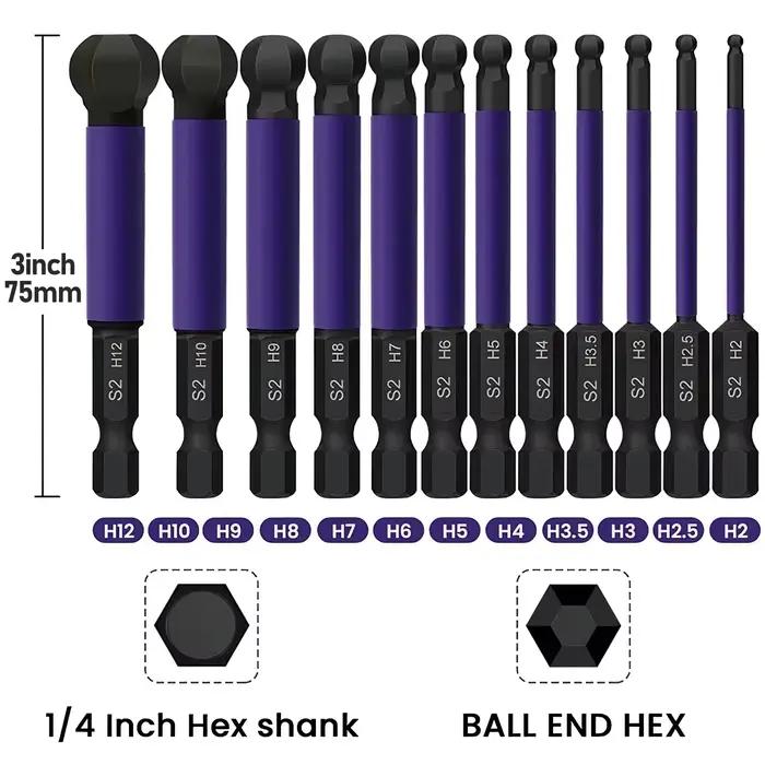 Embouts de tournevis à extrémité sphérique de 65mm, 12 pièces, tige hexagonale de 1/4 pouces, jeu d'