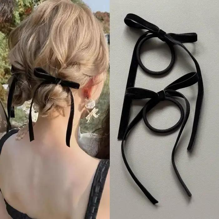 2/8 pièces de nœuds en velours noir tendance pour femmes et filles, accessoires pour cheveux de fête