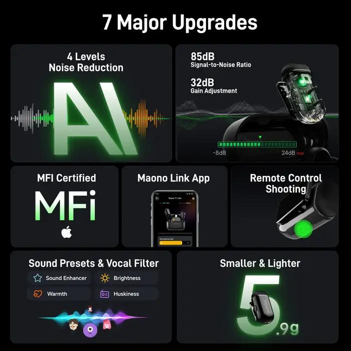 Microphone sans fil miniature maono T1 pour téléphone, réduction de bruit AI, coupe automatique du s