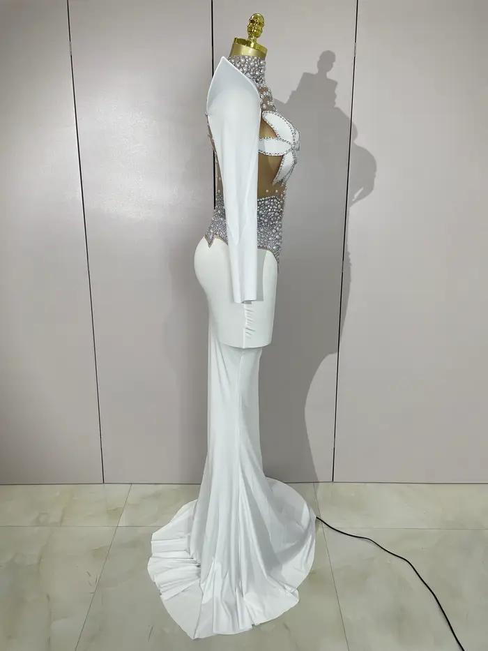 Robe longue de luxe en maille transparente pour femmes, diamants scintillants, blanc perle, robe de