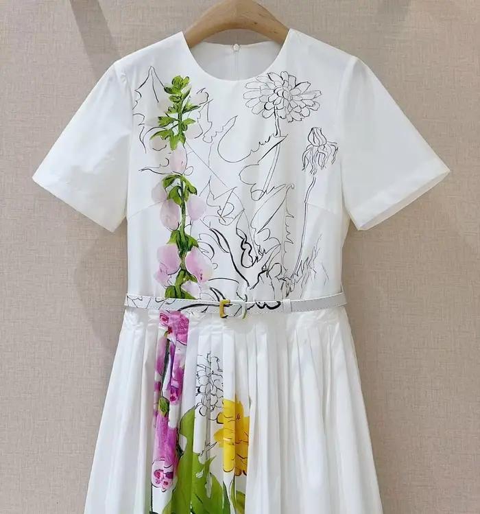 Top qualité nouveau 2026 printemps été robe femmes feuilles vertes imprimé fleuri poche Patchwork ma