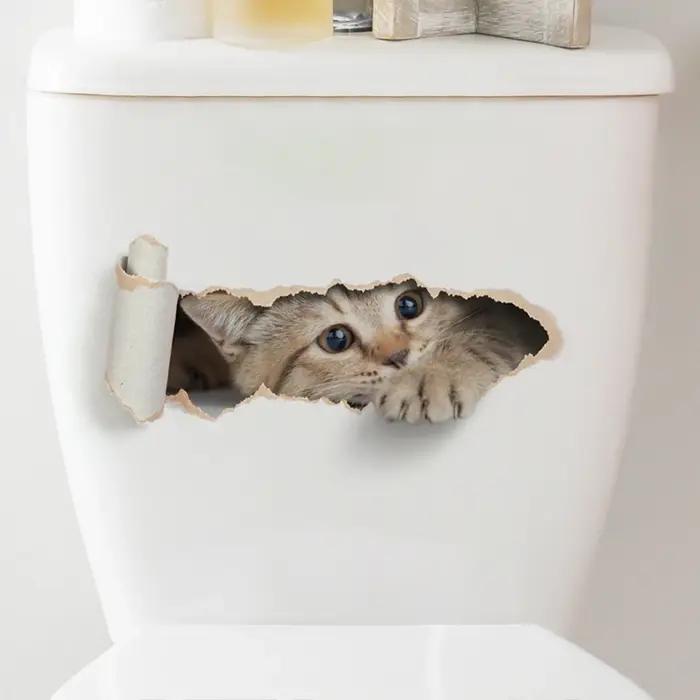 Autocollant de toilette chaton déchiré, effet 3D, pour siège de toilette de salle de bains, autocoll