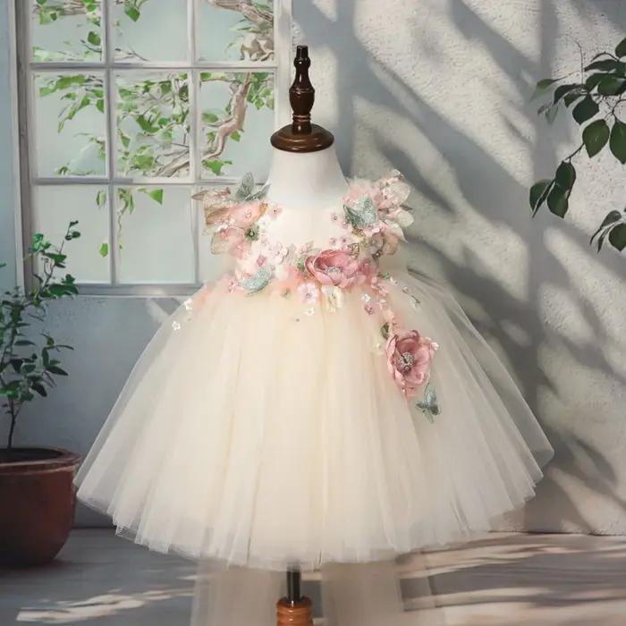 Robe Lolita pour filles, fleurs 3D, tulle bouffant, perles, robe de princesse pour demoiselle d'honn