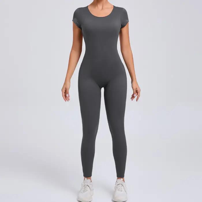 Combinaison de Yoga une pièce pour femmes, manches courtes, dos ouvert, Slim Fit, tenue de sport, co