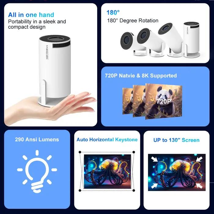 Projecteur magnétique HY300 Pro 8K Android 14 double Wifi6 290ANSI Allwinner H726 BT5.4 1080P 1280*7