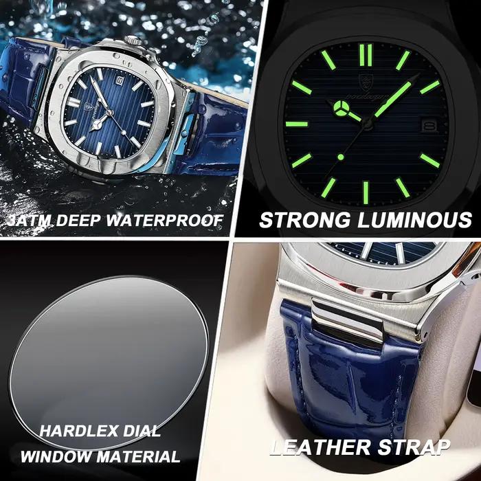 POEDAGAR haut de gamme carré homme montre Date étanche lumineux hommes montre-bracelet de haute qual