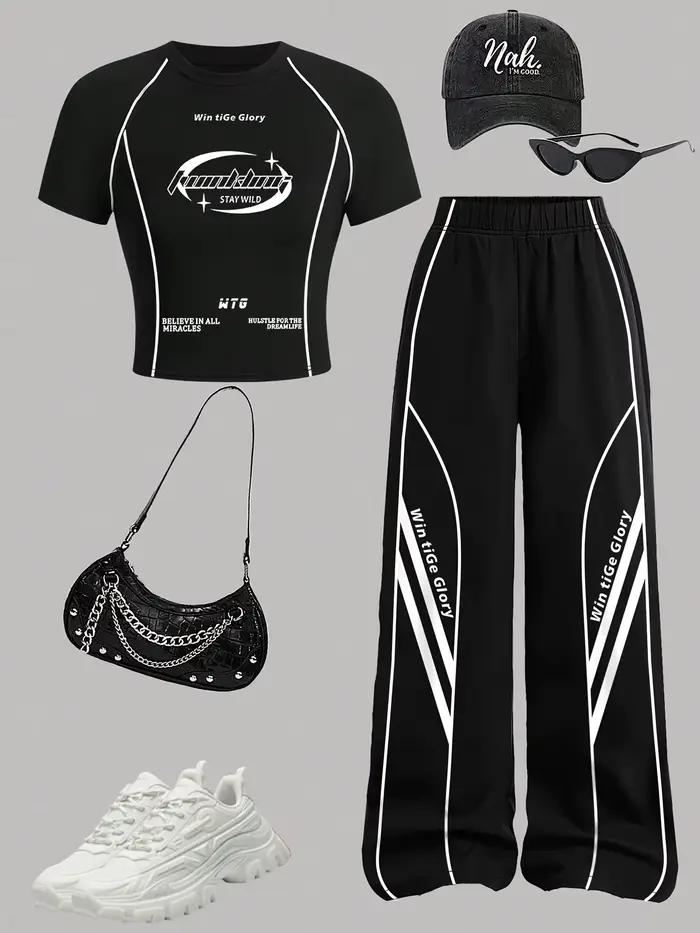 Survêtement 2 pièces pour enfants filles haut court à manches courtes imprimé lettres rayures contrastées pantalon jambes larges taille élastique occasions spéciales jeux sportives