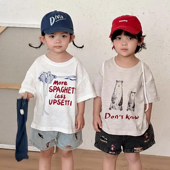 T-shirts à manches mi-longues pour enfants, amples, avec lettres de dessin animé imprimées, hauts po