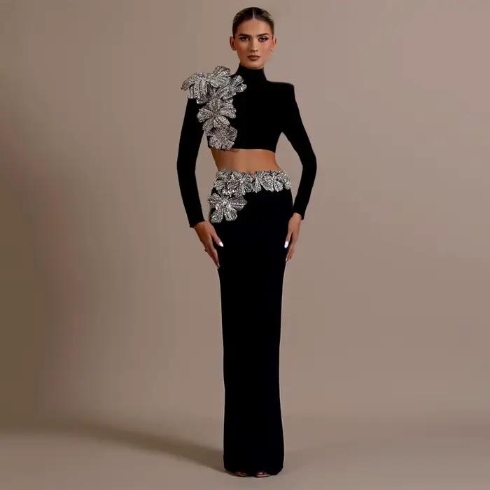 Ensemble deux pièces pour femmes, Sexy, diamants, manches longues, hauts, jupes, vêtements d'automne