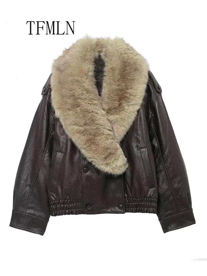 TFMLN 2025 hiver femmes veste en simili cuir ample mode retiré grand col de fourrure manteau décontr