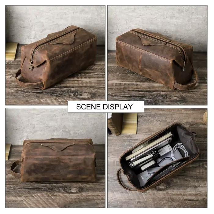 Trousse de toilette en cuir véritable pour hommes et femmes, sac à cosmétiques, trousse de toilette