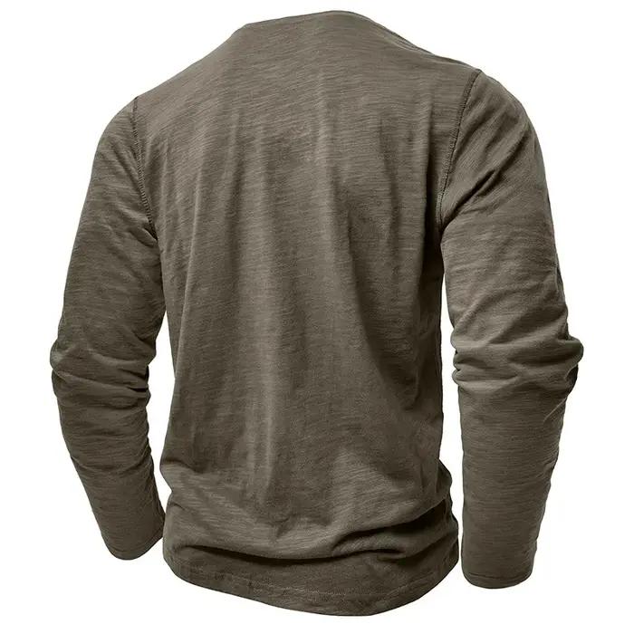 Nouveau automne T-Shirt à manches longues hommes décontracté dessus de couleur unie col Henley mince